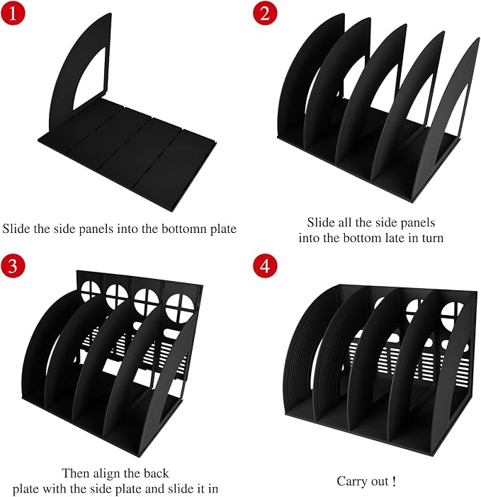 SAYEEC Sturdy Magazine Holder 4 Compartments Plastic Desktop File Organizer File Dividers Office Organizer Storage Document Magaizne Rack Display Box (Black)