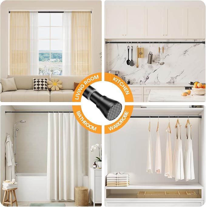 2 Pack Adjustable Tension Rods 45-77 Inch - Black | No-Drill Curtain Rods for Windows & Closets | Spring-Loaded with Non-Slip Rubber Ends | 7/8 Inch Diameter
