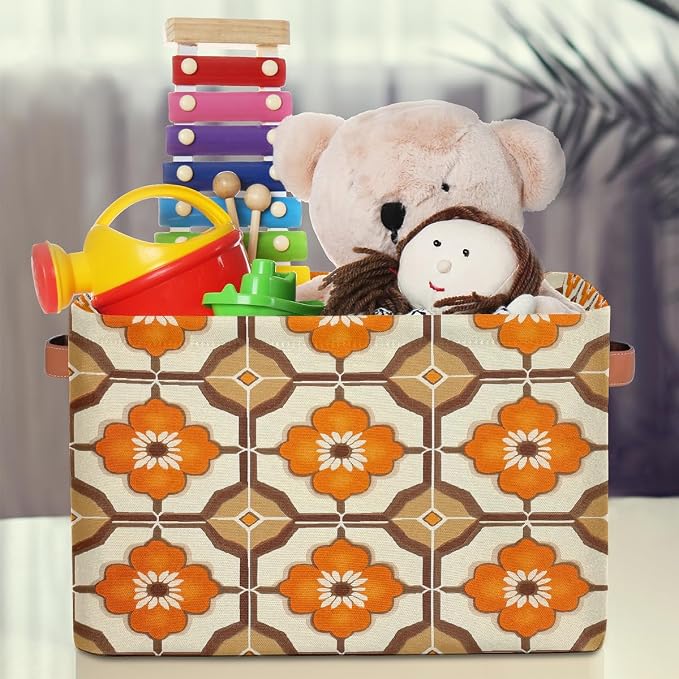 Rectangular Storage Baskets Brown Orange Flower Pattern Fabric Storage Bin Toy Organizer Box with PU Leather Handles for Room Decor