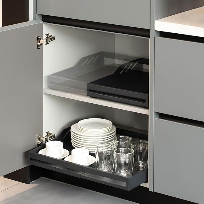 Basicwise Expandable Medium Deep Drawer Organizer Adjustable Pull-Out Cabinet Storage Tray for Kitchen Organization Ideal for Cookware Dinnerware Food Containers Bakeware & Pantry Essentials, Set of 2