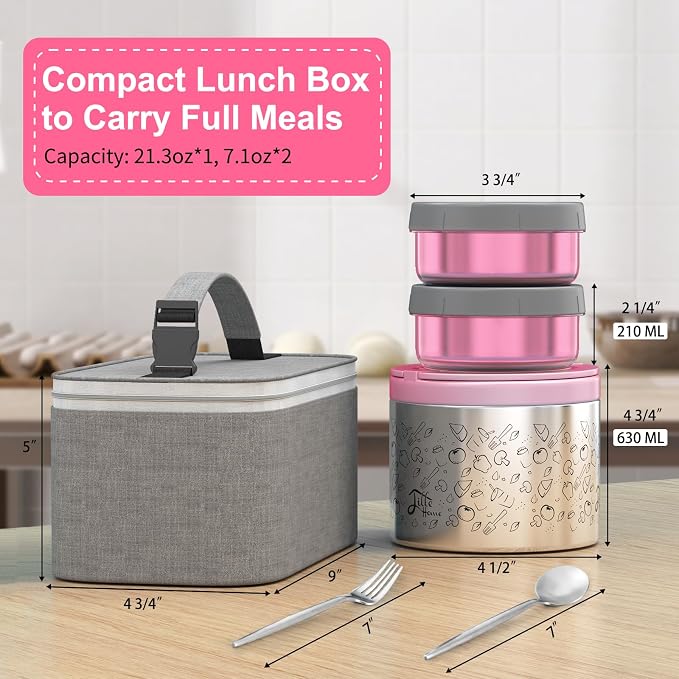 Lille Home Stainless Steel Thermal Lunch Box Set with Lunch Bag and Cultery | 22 Oz Vacuum Insulated Lunch Bento Box, to Keep Food Warm/Cool, 2 Small Food Container for Snack, Fruits and Sauces (Pink)