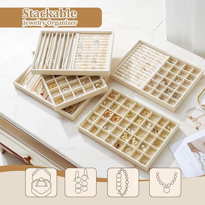 Large Jewelry Organizer for Drawer Insert Velvet Stackable Jewelry Trays for Earring Necklace Bracelet Ring Display (Beige, 40 Grids)