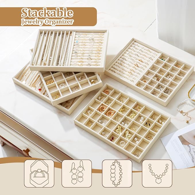 Large Jewelry Organizer for Drawer Insert Velvet Stackable Jewelry Trays for Earring Necklace Bracelet Ring Display (Beige, 35 Grids)