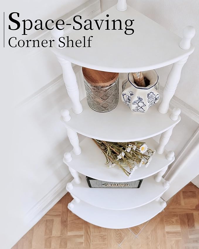 White Corner Shelf, 5-Tier Corner Bookshelf, 60" Tall | 100% Solid Wood Ladder Shelf, Small Vintage Freestanding Bookshelf Plant Stand for Living Room, Home Office, Bedroom