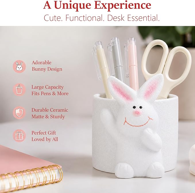 Ceramic Rabbit Shaped Pen Pencil Holder for Desk Decoration Accessories Rabbit Decor Makeup Brush Pen Cups Office School Ideal Gifts for Women, Mom or Birthdays (Round Rabbit)