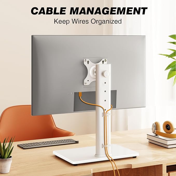 TAVR Furniture Single Monitor Stand VESA Mount for 13-32 Inch Screens | Free-Standing Monitor Riser with Swivel Tilt Rotation Height Adjustable, Universal Desk Stand up to 44lbs, White