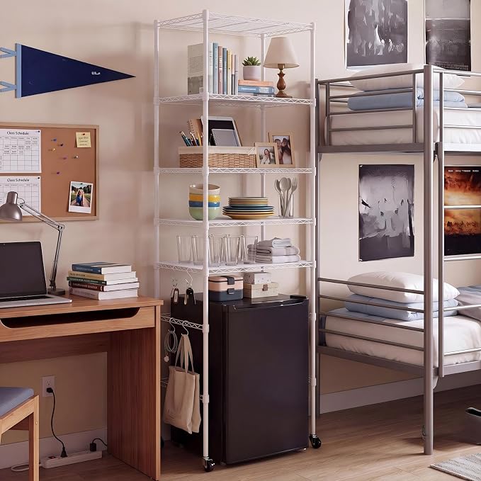 5tier over Fridge Shelf for Dorm with Wheels 90.5 Tall Fridge Shelf White | Adjustable Height Storage Shelf Metal Rack Hooks PP Shelf Liners Anti Tip Kits for Dorm Kitchen Laundry College Pantry
