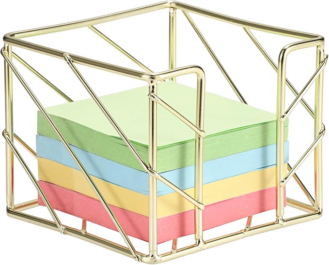 BTSKY Metal Sticky Note Holder, 3x3 Inch Post It Note Dispenser, Modern Memo Cube Holder Desk Organizer for Office & Home, Iron Sturdy Desktop Sticky Note Storage, Gold