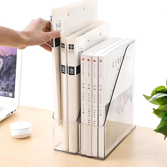 2-Pack Clear Acrylic Vertical Magazine File Holders – Desktop Organizer for Books, Documents, Binders, Envelopes, Includes 3 Bonus Silicone Bookmarks