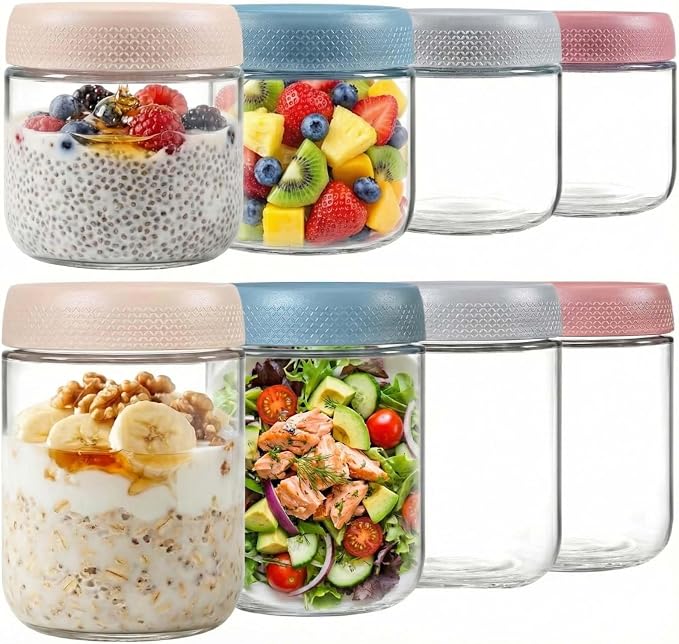 ColoVie Glass Meal Prep Jar Set, 8 Pack Overnight Oats Containers with Lids | Food Storage for Snacks, Yogurt, Spice, Salad, Chia Seed Pudding Jars, Wide Mouth Mason Jars with Airtight Lids, 16oz 10oz