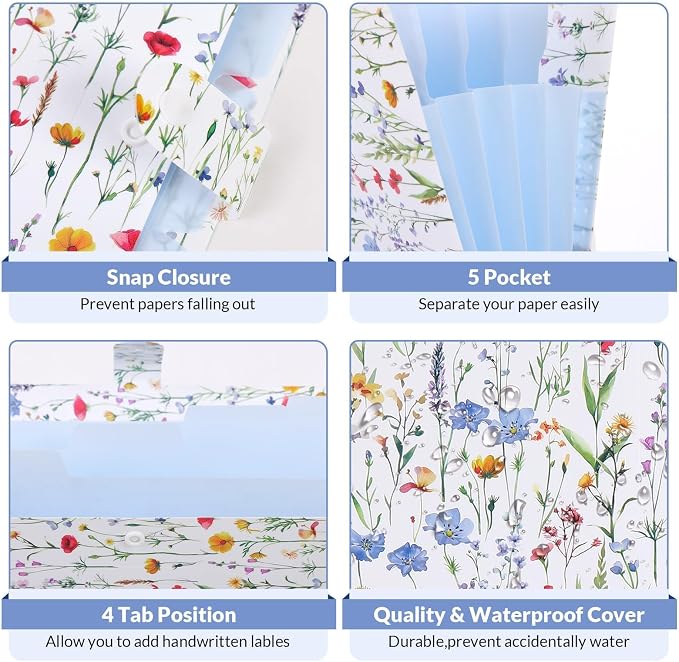 SKYDUE Accordion File Organizer, Floral Expanding File Folders with 5 Pockets, Cute Document Organizer for Paper Bills Receipt Storage, School Office & Hospital Supplies Letter/A4 Size Fresh White