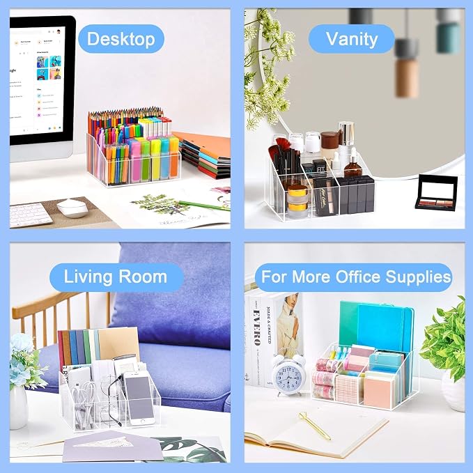 VITVITI Acrylic Pen Holder, Clear Desk Organizer, Pen Organizer for Desk, 7 Compartments Pencil Holder, Desktop Stationery Organizer for Office Storage/School/Home/Art Supplies