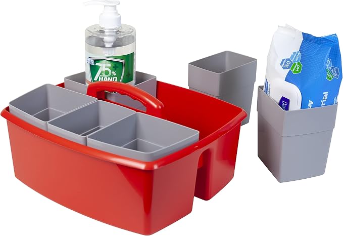 Storex Large Classroom Caddy with Cups, 13 x 11 x 6.575 Inches, Red, Case of 2 (00981A02C)