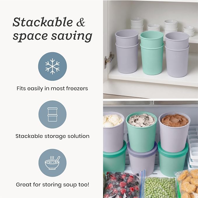 StarPack Freeze The Day Homemade Ice Cream Containers (2-Pack, 1 Quart) - Airtight Silicone Lids, BPA-Free Reusable Ice Cream Freezer Containers with Lids, Stackable, Lavender & Mint