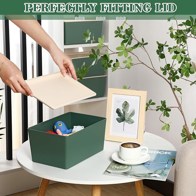 Menkxi 4 Pcs Storage Bins with Lids Plastic Stackable Containers for Organizing Shelves Christmas Ornament Box Baskets(Green,Small)