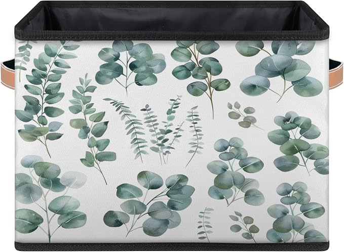 Green Eucalyptus Leaves Closet Storage Bin, Foldable Storage Baskets for Shelves, Decorative Shelf Organizer Eucalyptus Leaves Fabric Cube Bin for Living Room Bedroom Home Dorm