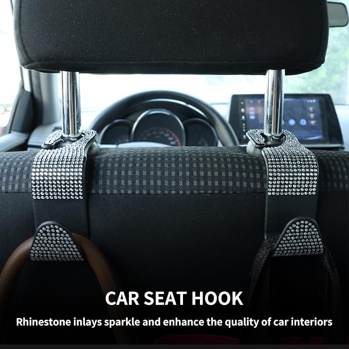 4PCS Bling Car Seat Headrest Hooks, Vehicle Back Seat Purse Handbag Hanging Holder with Crystal Rhinestone, Diamond Storage Organizer Hook,Bling Car Accessories for Women (White)