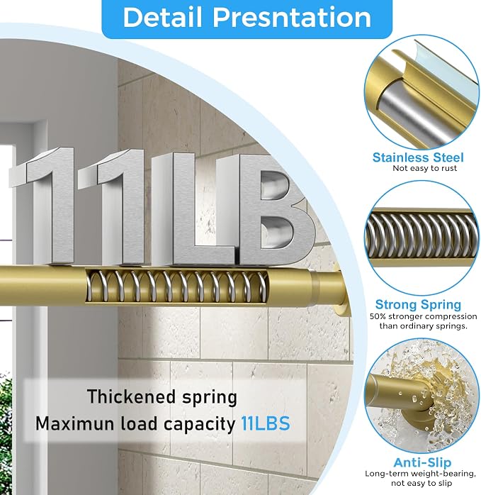 Shower Curtain Rod 31-63 Inch,7/8"Diameter Adjustable Spring Tension Curtain Rods No Drill,Warm Gold Shower Tension Rod for Bathroom,Room Divider,Window,Anti-Rust Non-Slip 1-Pack
