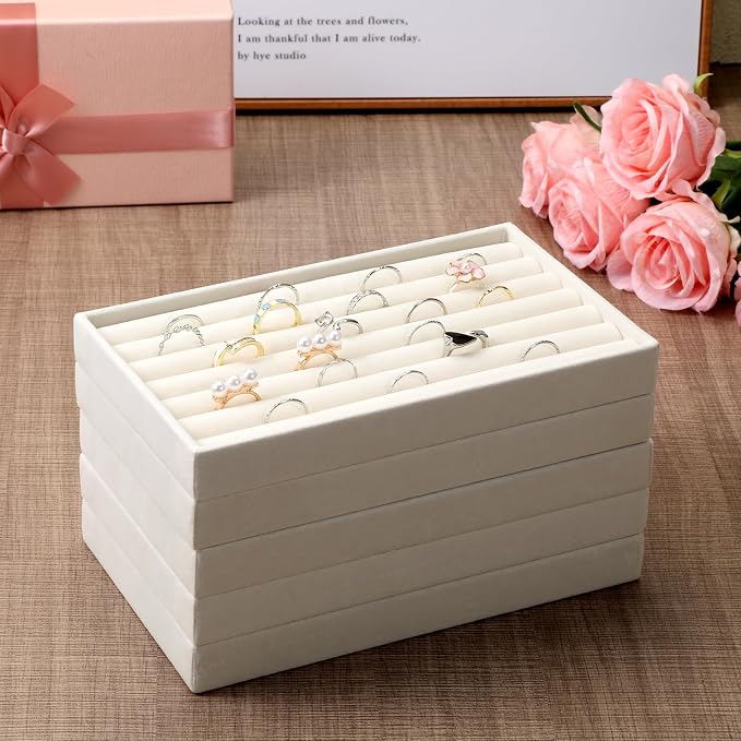9 Set Velvet Jewelry Drawer Organizer Inserts, Stackable Jewelry Organizer Trays with Removable Dividers, Jewelrys Storage Display Tray, for Earring Ring Necklace Watch Bracelet, Beige
