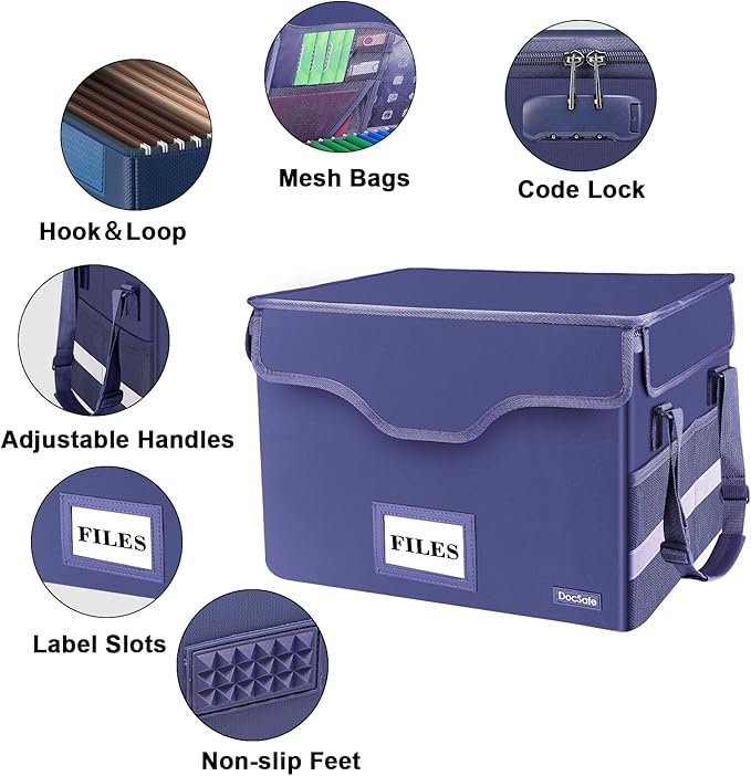 DocSafe Fireproof Document Box with Lock,File Storage Organizer with Pockets,Collapsible Portable File Box Home Office Safe Filing Cabinet with Handle for Hanging Letter/Legal Folders,Blue,2 Pack