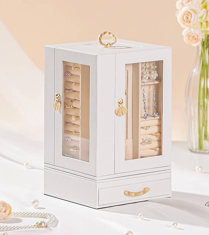 Enthralite Luxury Jewelry Box for Women: 360° Rotating with Clear Window | Compact Jewelry Storage with Drawer - Necklace Ring Organizer with Compartments - Elegant Earring Holder Display Great Gift