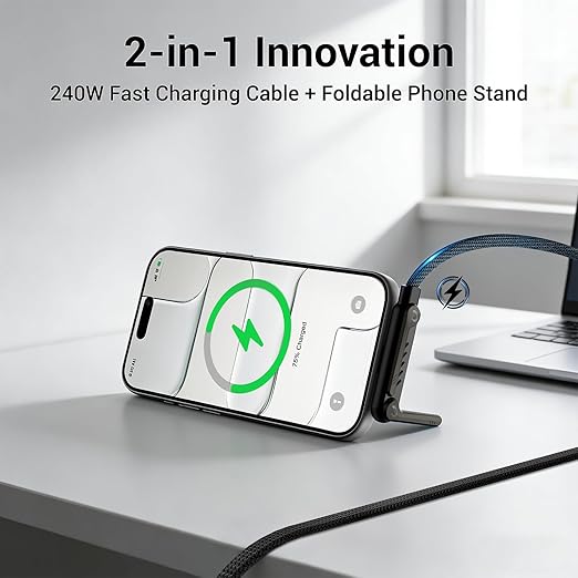 Invisible Holder Charger Cable, 240W PD Fast Charging Cable for Desk, USB-C to USB-C & USB to USB-C Cable 4.9 FT with 360° Adjustable Metal Stand, 2 in 1 Holder Charger for Gaming, Office, Home