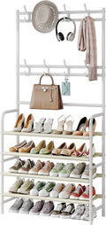 Coat Rack Shoe Rack With Storage Shelf Freestanding with 8 Hooks for Entryway Bedroom Closet (White, 4Tiers)