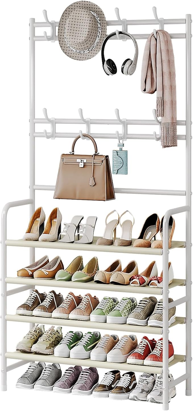 Coat Rack Shoe Rack With Storage Shelf Freestanding with 8 Hooks for Entryway Bedroom Closet (White, 4Tiers)