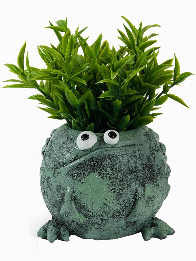 Frog Pen Holder for Desk, Cute Resin Flower Pot & Pencil Cup, Holds 10 Pens, Vintage Stacked Frog Figurine with Removable Grass, Desk Organizer for Office Home Decor, Unique Gift