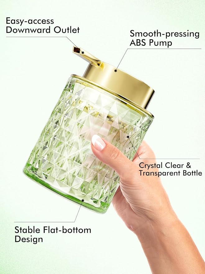 Bathroom Accessory Set, Foaming Soap Dispenser, Glass Hand Foaming Soap Dispenser, Refillable Pump Bottles for Liquid or Lotion, Crystal Decorative Handwash Dispenser for Bathroom, Kitchen,Green