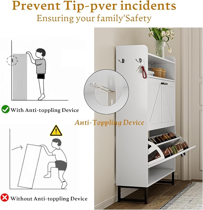 Wodeer Shoe Storage Cabinet with 2 Flip Drawers, Narrow Wood Shoe Cabinet Storage for Entryway with Metal Legs & Hooks, Adjustable Shelves, Freestanding Shoe Rack Organizer for Foyer, Hallway, White