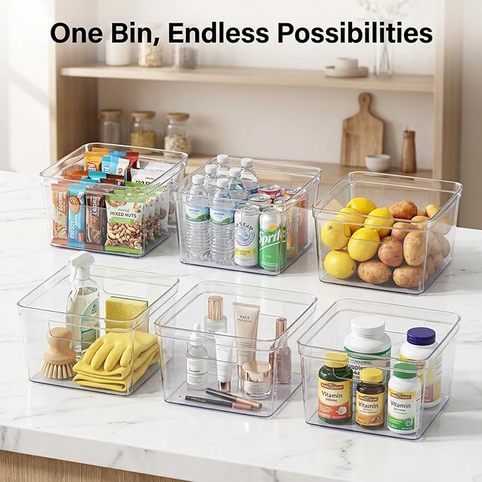 MOONEDGE 4-Pack 10x10x6 Clear Plastic Cube Storage Bins with Handles | Acrylic hard square organizer containers for closet,pantry,fridge,kitchen,bathroom,laundry,under-sink,cabinet organization