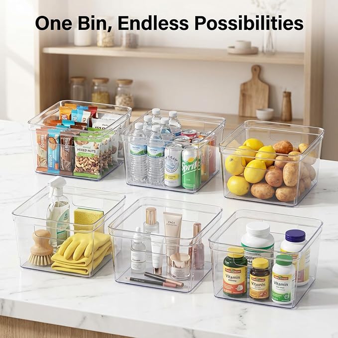 MOONEDGE 8-Pack 10x10x6 Clear Plastic Cube Storage Bins with Handles | PET square organizer containers for closet,pantry,kitchen,fridge,playroom,bathroom,under-sink,all-in-one organization