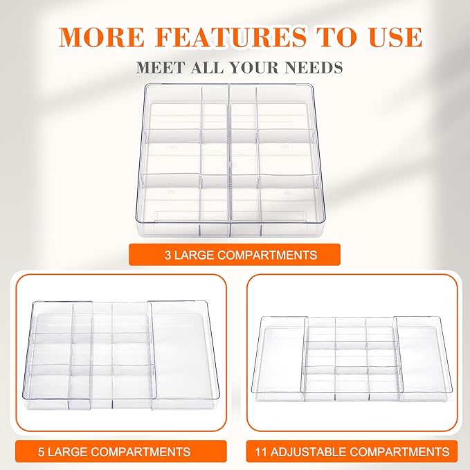 Briwooody 2 Pcs Large Expandable Acrylic Drawer Organizers, Grid Adjustable Drawer, Dividers Organizer for Desk, Makeup, Jewelry, Office, Kitchen Supplies (Transparent,11 Compartments)