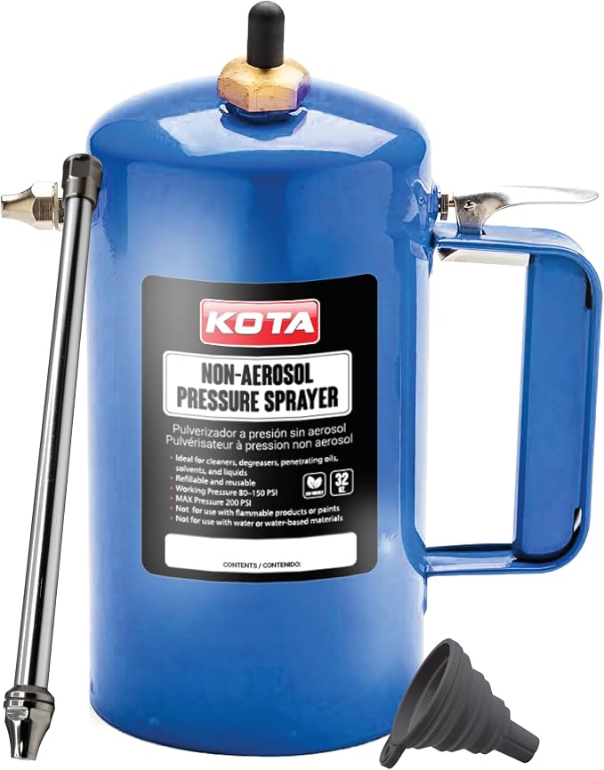 LAUCO Non Aerosol Pressure Sprayer - Refillable Pressurized Sprayer Bottle for Oil, Solvent, Degreasers, Lubricants - Rechargeable Steel Canister with Brass Nozzles, 32oz. (1, Blue) 69533