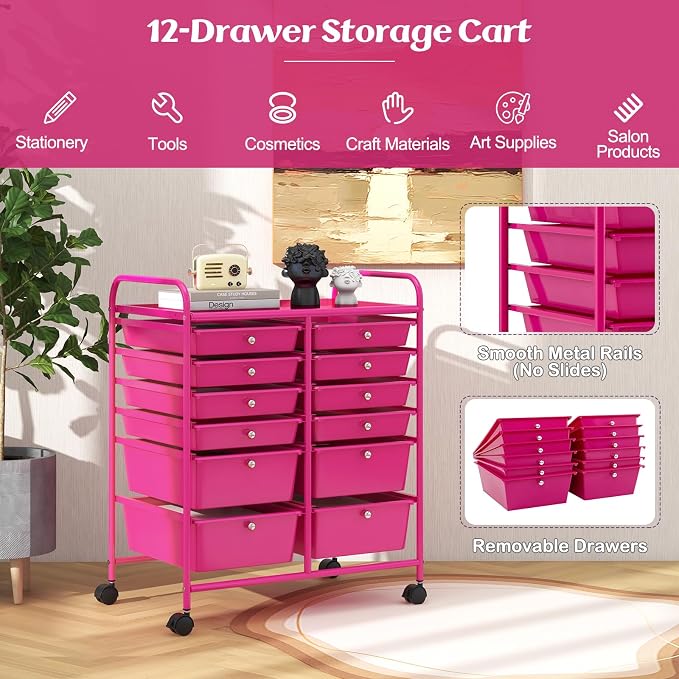 Moccha 12-Drawer Rolling Storage Cart - Utility Cart on Wheels with Lockable Casters for Craft Art Supply Paper Salon, Mobile Drawer Carts for Classroom Teacher School Office (Hot Pink)
