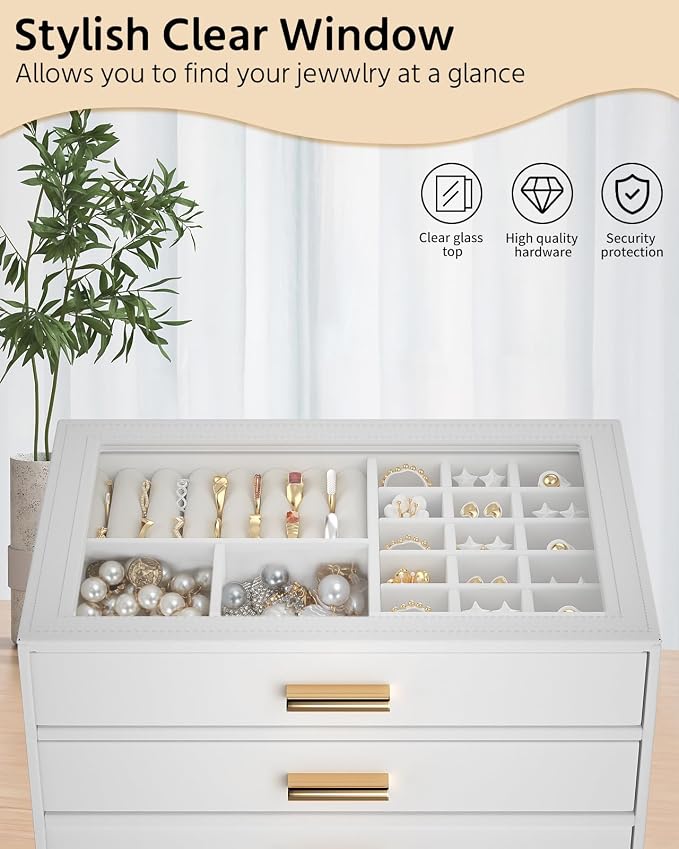 AKOZLIN Jewelry Box with Clear Lid Functional Leather Jewelry Storage Organizer Case 4 Drawers for Women Girls Necklace Ring Bracelet Earring