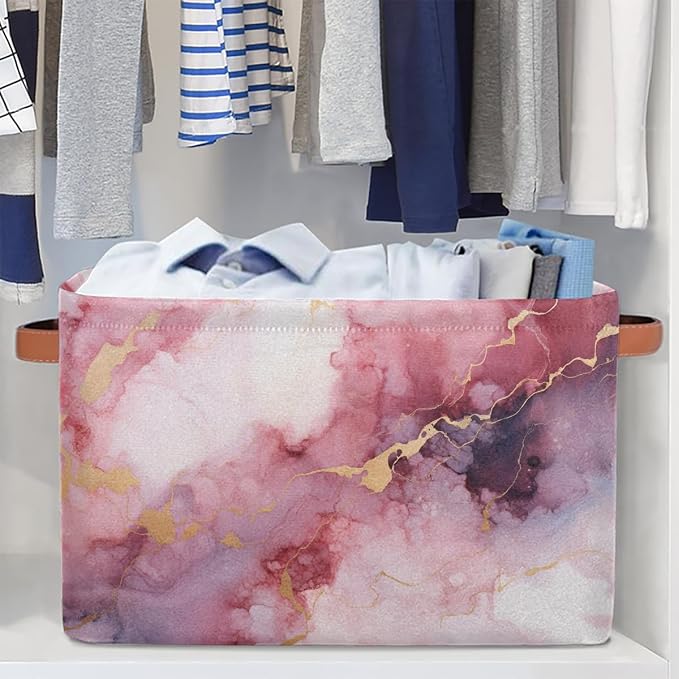 Rectangular Storage Baskets Abstract Pink Marble Fabric Storage Bin Toy Organizer Box with PU Leather Handles for Room Decor