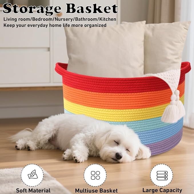 115L Large Blanket Basket,23.6" L x 23.6" W x 15.7" H Rope Woven Baskets with Handles, Toys Storage Bins,Laundry Basket Perfect for Living Room, Nursery,Bedroom,Home Organization,Rainbow
