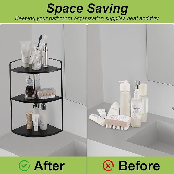 3 Tier Corner Bathroom Counter Organizer, Countertop Organizer, Makeup Organizer Countertop, Bathroom Storage Sink Shelf, Wooden and Metal Counter Shelf (Large Capacity-Black)