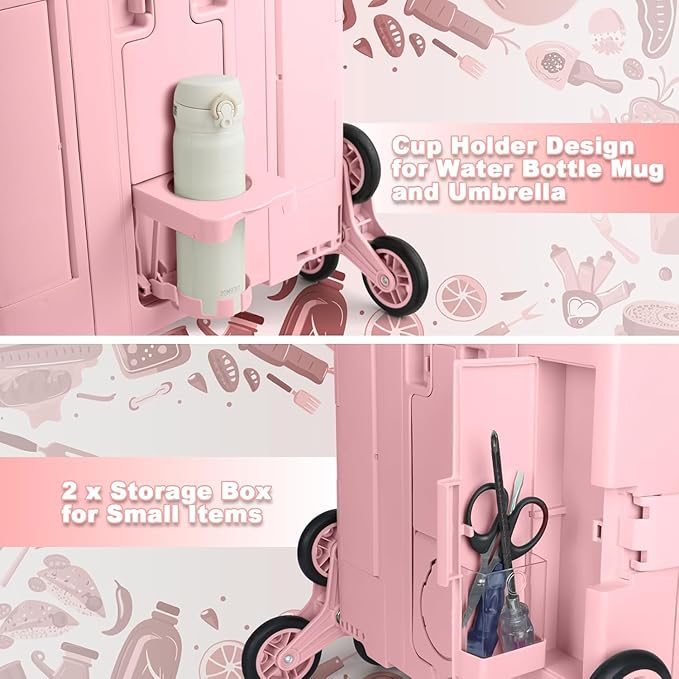 FELICON Folding Climber Utility Cart Rolling Crate Tote on Rotate Wheels with Adjustable Handle Hidden Lid Cup Holder Storage Bin for Teacher Office File Move Shop Travel Laundry Grocery(Pink White)