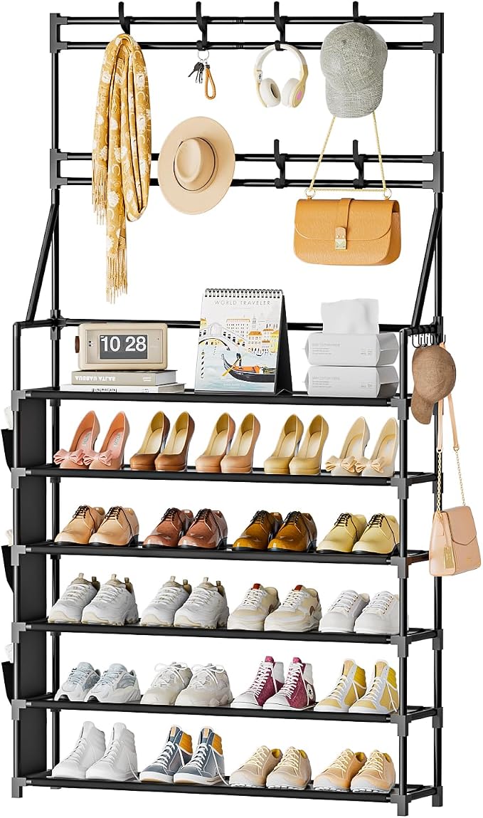 OYREL Shoe Rack 6 Tier Shoes Organizer 24-30 Pairs | Shoe Racks for Closet Front Door Entrance Large Capacity Space Saving Shoe Storage Organizer with Hooks and Side Pocket
