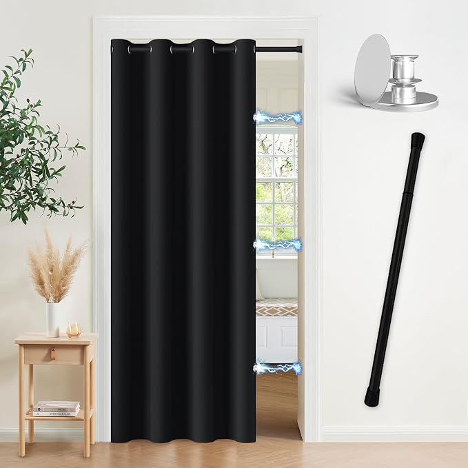 Vatge Magnetic Door Curtain with Rod - W42 x L80, 1 Panel, Black, Thermal Insulated Blackout Curtain for Room Darkening, Temporary Doors for Privacy