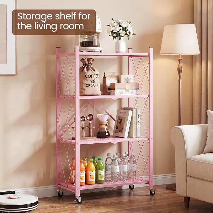 ALANNG 4 Tier Folding Storage Shelf on Wheels,Heavy Duty Metal Rolling Cart | 264 lbs Capacity, No Tools Assembly, Folds to 3.9", Lockable Casters, Portable for Kitchen Laundry Garage