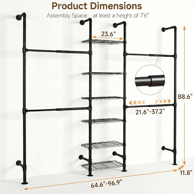 F3 Wall Mounted Closet System, Industrial Pipe Clothing Rack for Hanging Clothes, Heavy Duty Closet Organizer System, Clothes Racks with Shelves & Expandable Rod for Wardrobe, Corner, Black