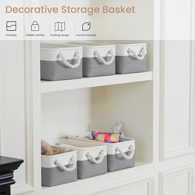 11.8x7.9x5.2 Inch Fabric Small Storage Bins with Handles 1 Pack | Foldable Storage Basket, Sturdy Metal Strand, Cardboard Support Molding, Small Baskets for Organizing, Shelves, White/Gray