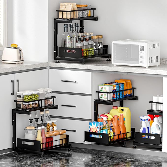 Under Sink Organizer, 2-Tier Premium Metal Pull-Out Racks with Adjustable Height, Heavy Duty Sliding Bin for Bathroom and Kitchen Cabinet Storage, Rust Resistant 1 Pack Black