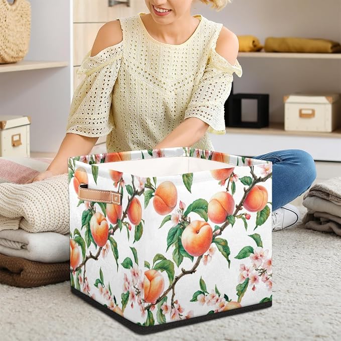 TropicalLife Peach Fruit Flower Storage Cube, 13 Inch Fabric Cube Storage Organizer Bin for Shelves Clothes, Decorative Foldable Storage Boxes