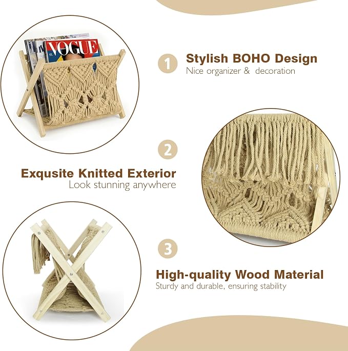 Boho Macrame Magazine Holder,Hand-Woven Magazine Rack for Home Office | Multifunctional Storage Basket for Letters, Magazines, Books and Newspapers
