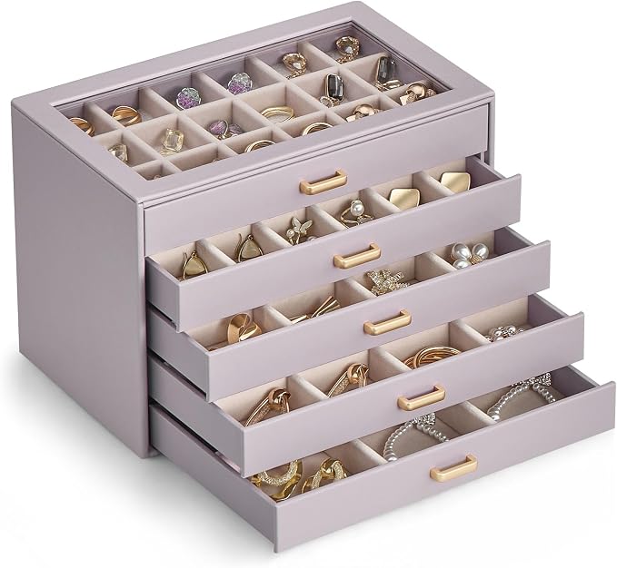 Lolalet Earring Organizer, Jewelry Box with Clear Lid -Purple, 5 Layer | PU Leather, Velvet, Removable Dividers, Dustproof, Easy Clean, For Studs Rings, Gift for Women Girls, Home Aesthetic Decor